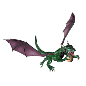 <b>Lyeerspeckei</b> ist ein Drachenkind. Nun ist der richtige Moment, dem Kleinen Fliegen, Feuerspucken usw. beizubringen.